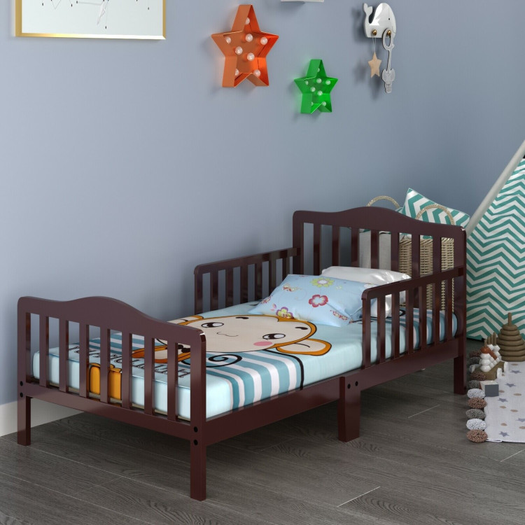 Classic Design Kids Wood Toddler Bed Frame with Two Side Safety Guardrails-BrownCostway Gallery View 9 of 12