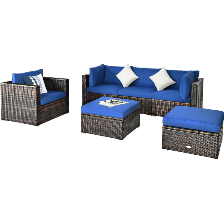 6 Pcs Patio Rattan Furniture Set with Sectional Cushion-BlueCostway Gallery View 3 of 15
