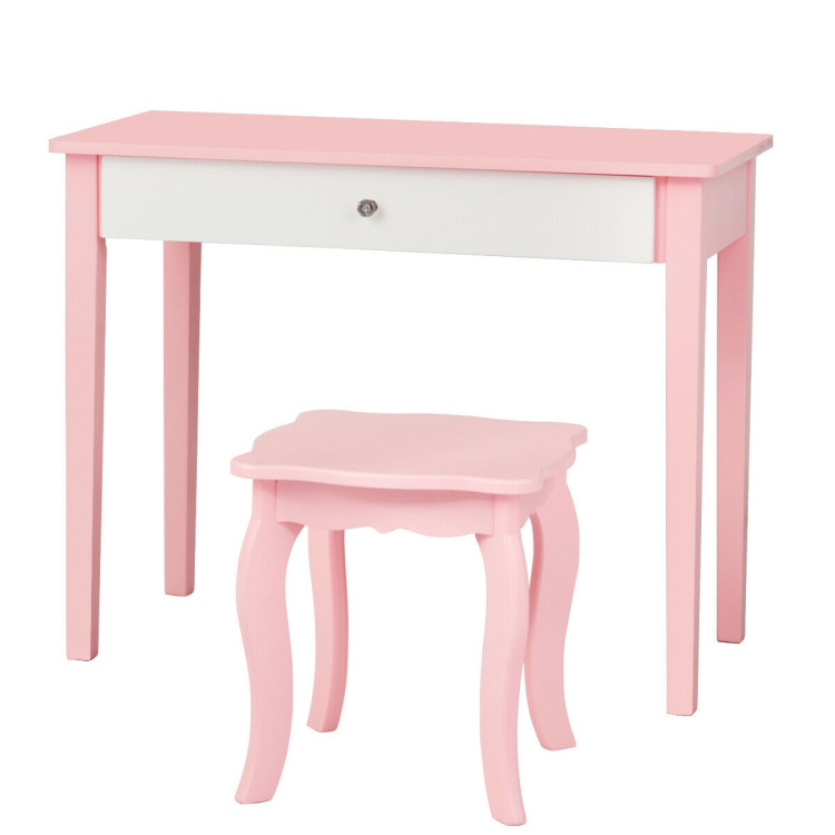 Kids Princess Make Up Dressing Table with Tri-folding Mirror and Chair-PinkCostway Gallery View 9 of 12