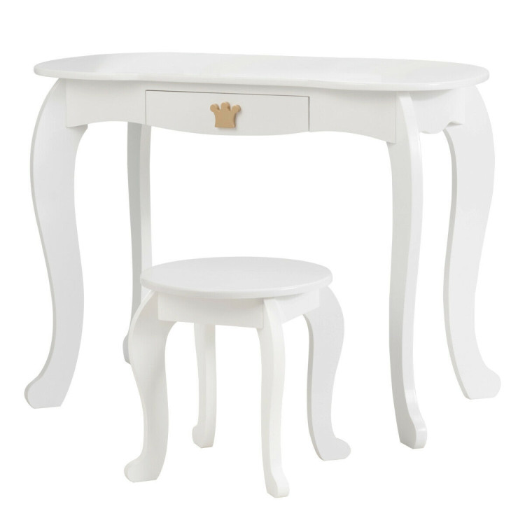 Kids Makeup Dressing Table with Tri-folding Mirror and Stool-WhiteCostway Gallery View 9 of 12