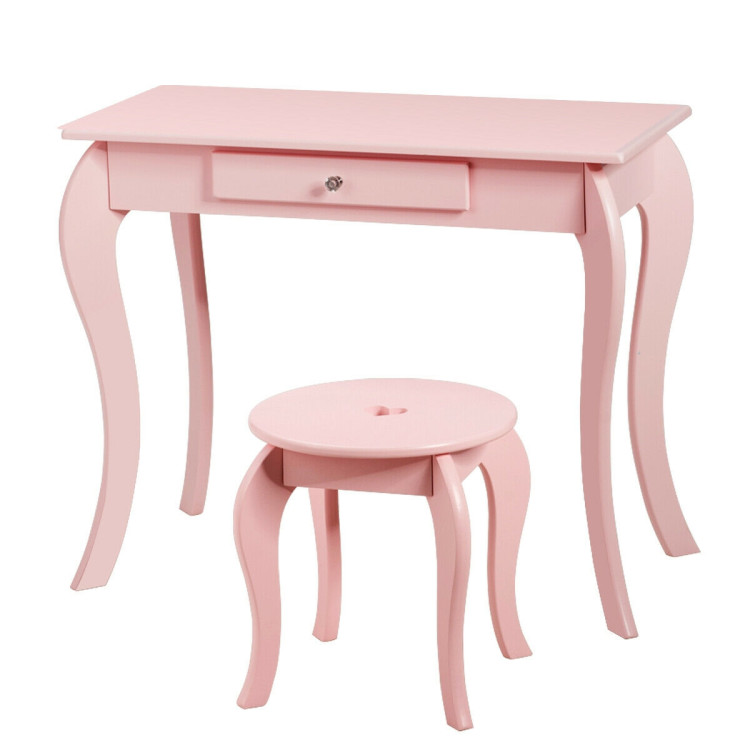 Kids Princess Makeup Dressing Play Table Set with Mirror -PinkCostway Gallery View 10 of 12