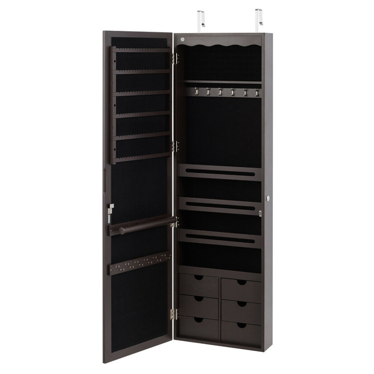 5 LEDs Lockable Mirror Jewelry Cabinet Armoire with 6 Drawers-BrownCostway Gallery View 3 of 12
