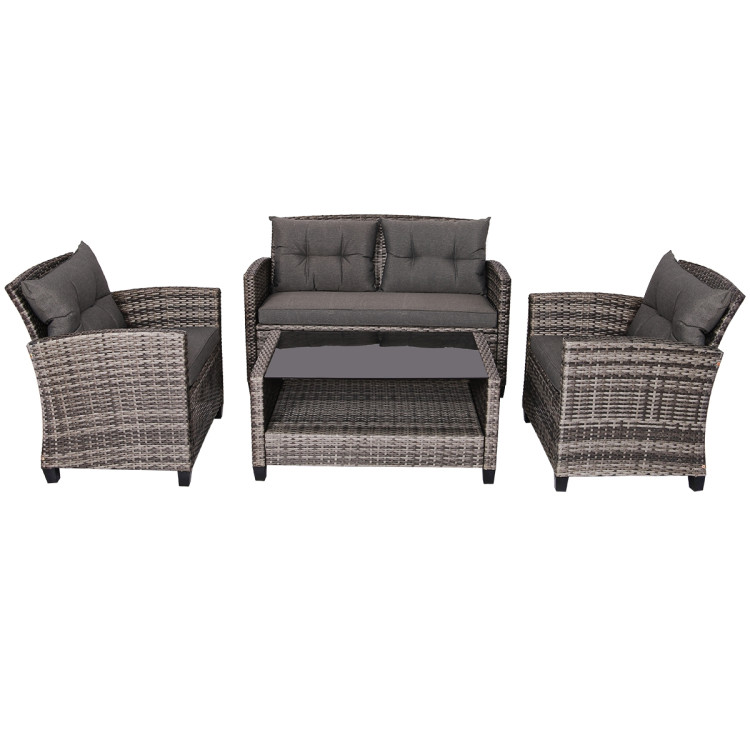 4 Pieces Patio Rattan Furniture Set Coffee Table Cushioned SofaCostway Gallery View 1 of 12
