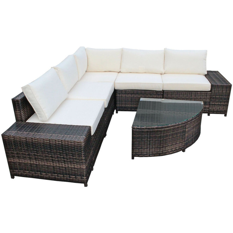 6 Piece Wicker Patio Sectional Sofa Set with Tempered Glass Coffee Table-WhiteCostway Gallery View 9 of 12
