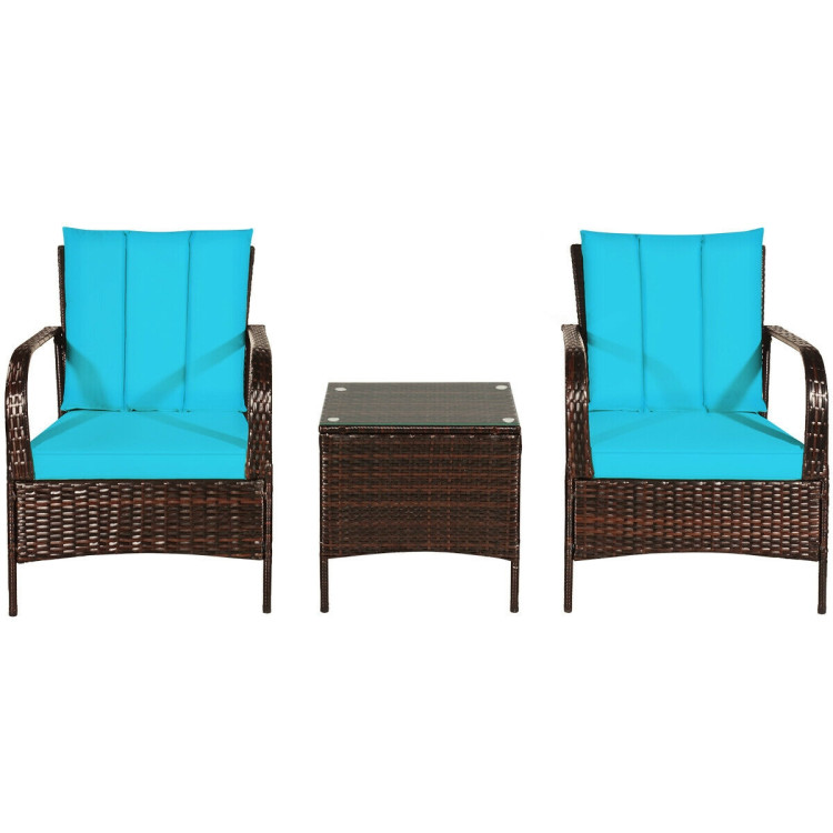 3 Pcs Patio Conversation Rattan Furniture Set with Glass Top Coffee Table and Cushions-TurquoiseCostway Gallery View 9 of 11