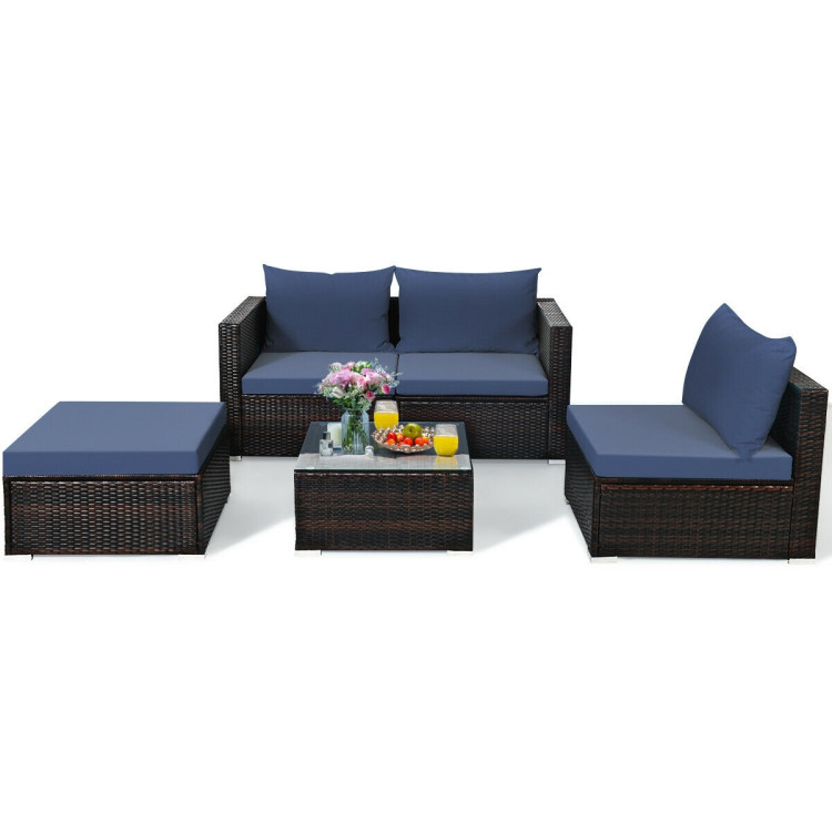 5 Pieces Patio Rattan Sectional Furniture Set with Cushions and Coffee Table -NavyCostway Gallery View 9 of 12