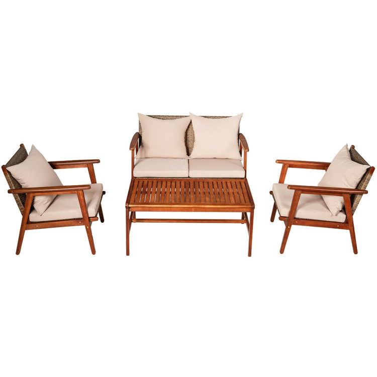 4 Pieces Acacia Wood Patio Rattan Furniture Set with Zippered Cushions - Gallery View 4 of 9