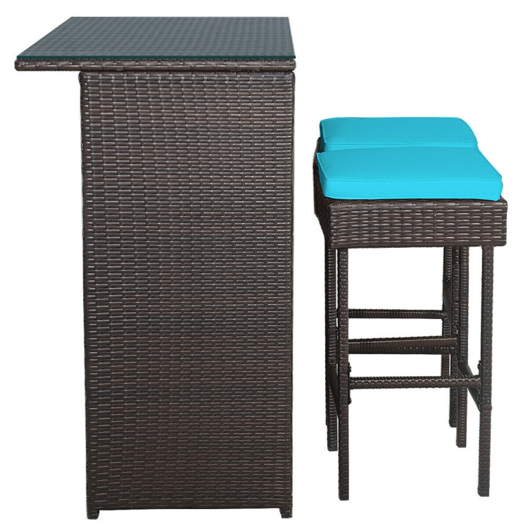 3PCS Patio Rattan Wicker Bar Table Stools Dining Set-TurquoiseCostway Gallery View 10 of 12
