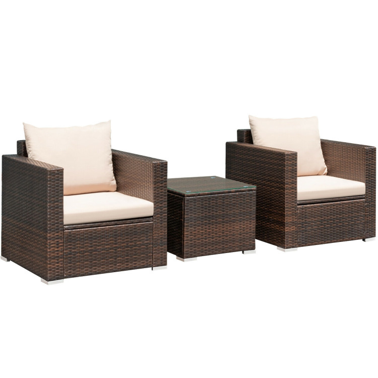 3 Pcs Patio Conversation Rattan Furniture Set with Cushion-BeigeCostway Gallery View 9 of 12