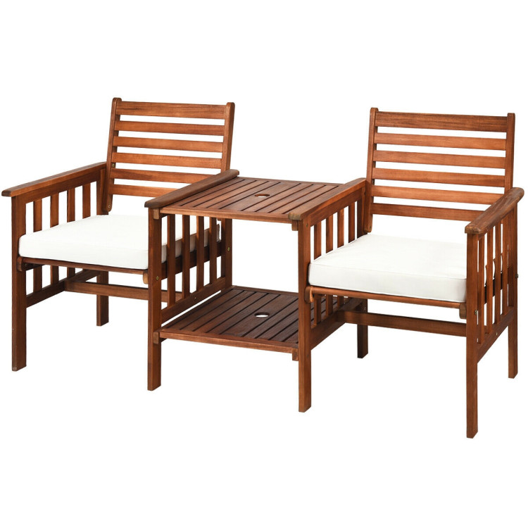 3 pcs Outdoor Patio Table Chairs Set Acacia Wood Loveseat-WhiteCostway Gallery View 3 of 11