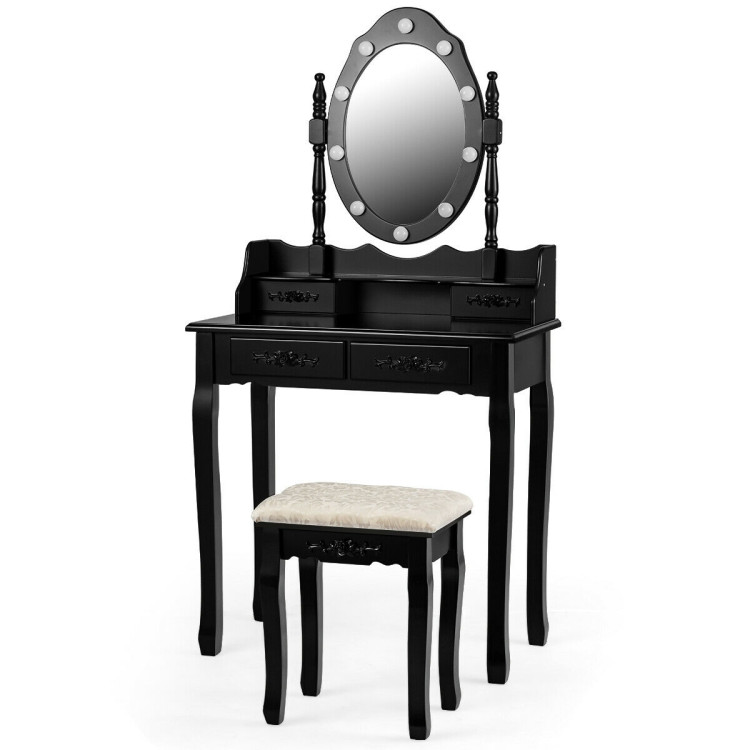 Makeup Vanity Dressing Table Set with Dimmable Bulbs Cushioned Stool-BlackCostway Gallery View 8 of 12