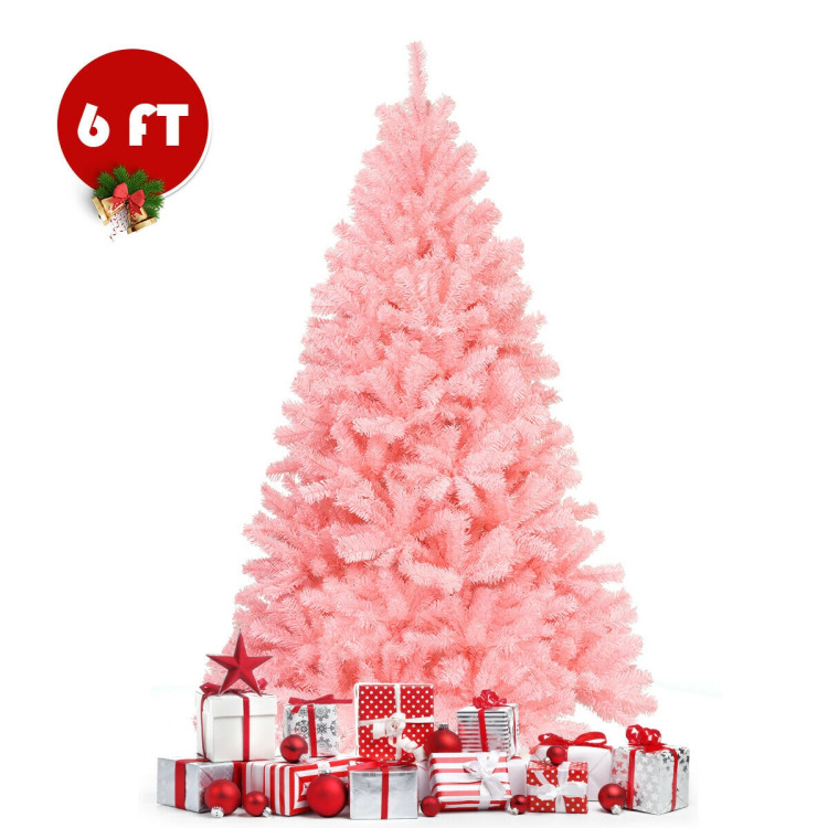 6 Feet Pink Artificial Hinged Spruce Full Christmas Tree with Foldable Metal StandCostway Gallery View 7 of 12