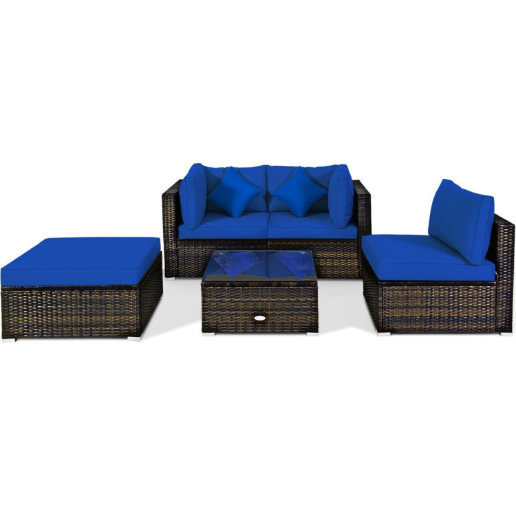5 Pcs Outdoor Patio Rattan Furniture Set Sectional Conversation with Navy Cushions-NavyCostway Gallery View 3 of 12