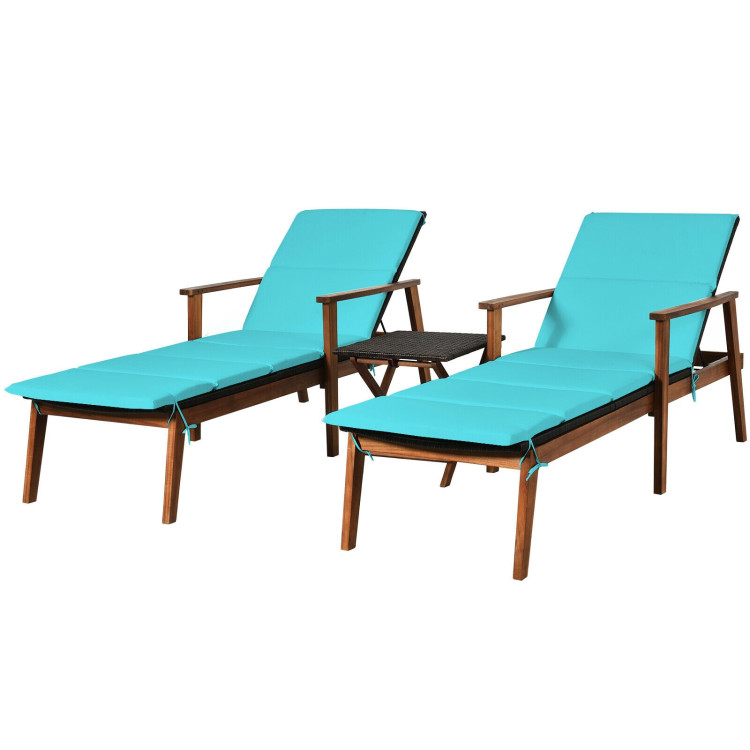 3 Pieces Portable Patio Cushioned Rattan Lounge Chair Set with Folding Table-TurquoiseCostway Gallery View 3 of 12