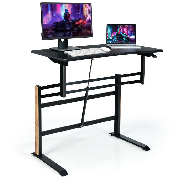 Pneumatic Height Adjustable Gaming Desk T Shaped Game Station with Power Strip Tray-BlackCostway Gallery View 4 of 12