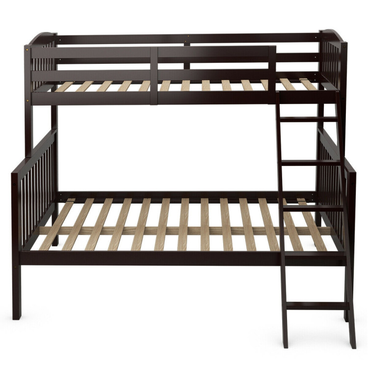 Twin over Full Bunk Bed Rubber Wood Convertible with Ladder Guardrail-EspressoCostway Gallery View 10 of 12