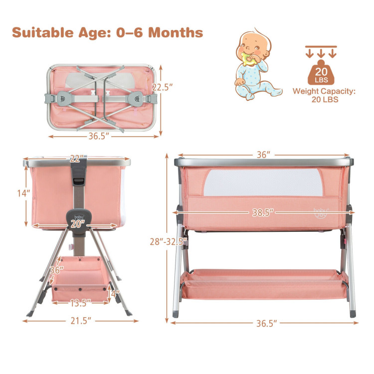 Baby Bed Side Crib Portable Adjustable Infant Travel Sleeper Bassinet-PinkCostway Gallery View 4 of 12