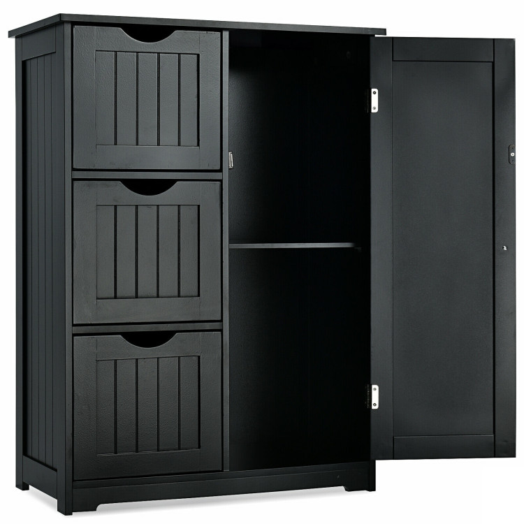 Bathroom Floor Cabinet Side Storage Cabinet with 3 Drawers and 1 Cupboard-BlackCostway Gallery View 9 of 12