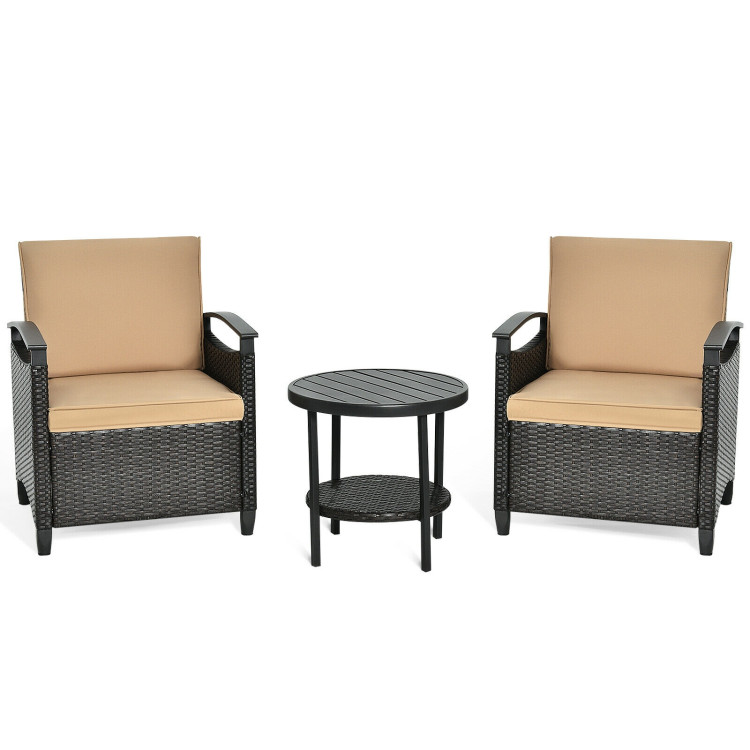 3 Pieces Patio Rattan Furniture Set Cushioned Sofa Storage Table with Shelf GardenCostway Gallery View 7 of 12