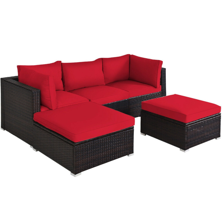 5 Pieces Patio Rattan Sofa Set with Cushion and Ottoman-RedCostway Gallery View 1 of 12