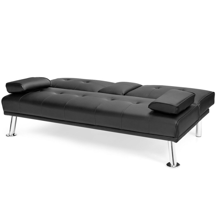 Convertible Folding Leather Futon Sofa with Cup Holders and Armrests-BlackCostway Gallery View 11 of 12