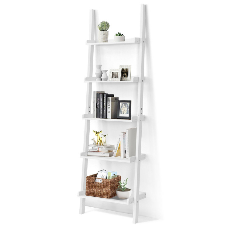  5-Tier Wall-leaning Ladder Shelf  Display Rack for Plants and Books-WhiteCostway Gallery View 10 of 12