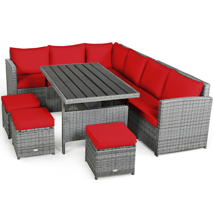 7 Pieces Patio Rattan Dining Furniture Sectional Sofa Set with Wicker Ottoman-RedCostway Gallery View 8 of 11