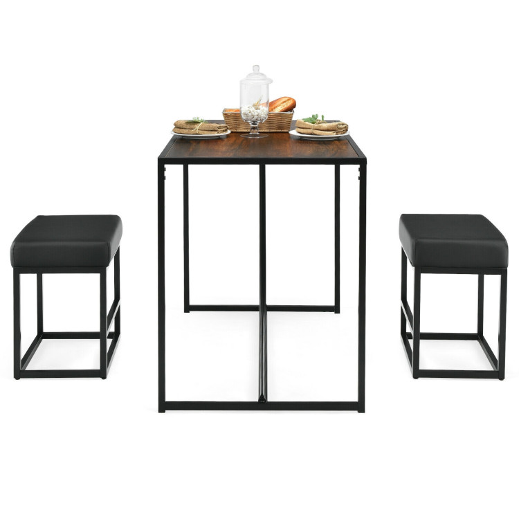 3 Pcs Dining Set Metal Frame Kitchen Table and 2 Stools-BrownCostway Gallery View 9 of 11