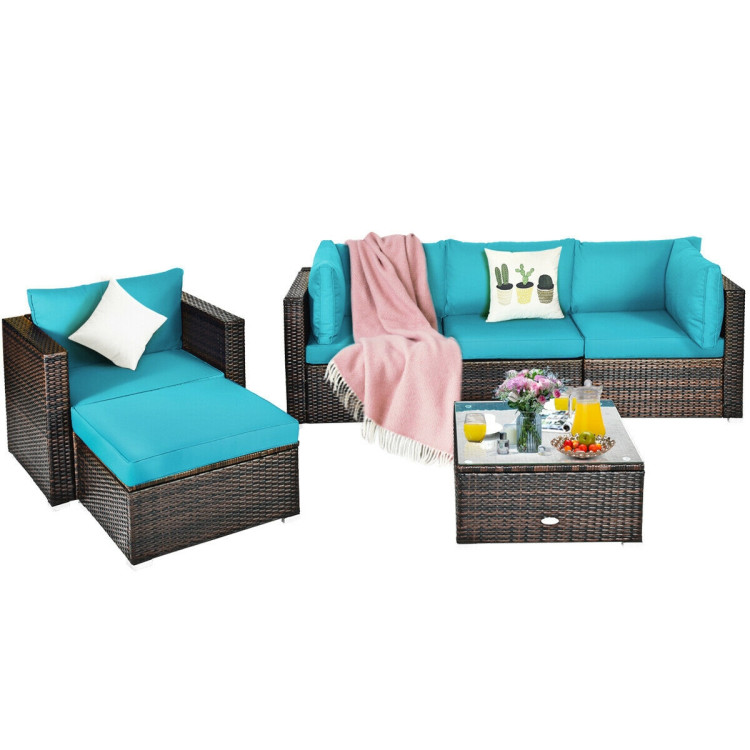 6 Pcs Patio Rattan Furniture Set with Sectional Cushion-TurquoiseCostway Gallery View 9 of 12