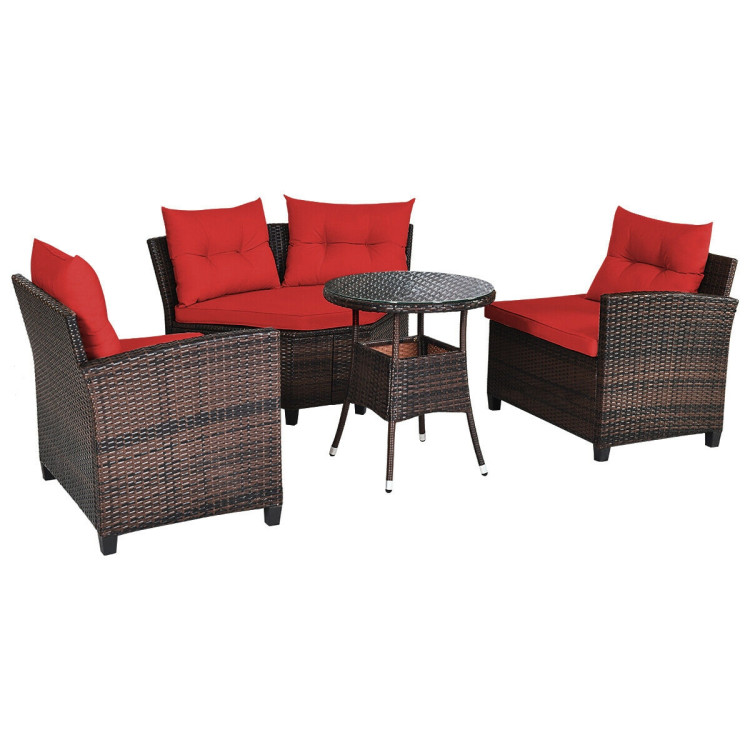 4 Pieces Outdoor Cushioned Rattan Furniture Set-RedCostway Gallery View 9 of 12