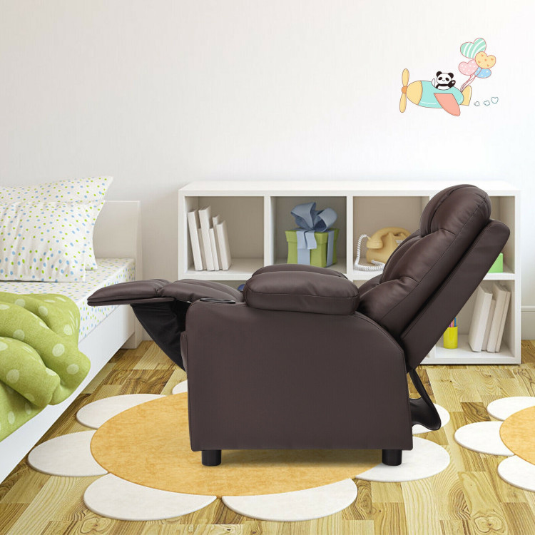 PU Leather Kids Recliner Chair with Cup Holders and Side Pockets-BrownCostway Gallery View 9 of 12