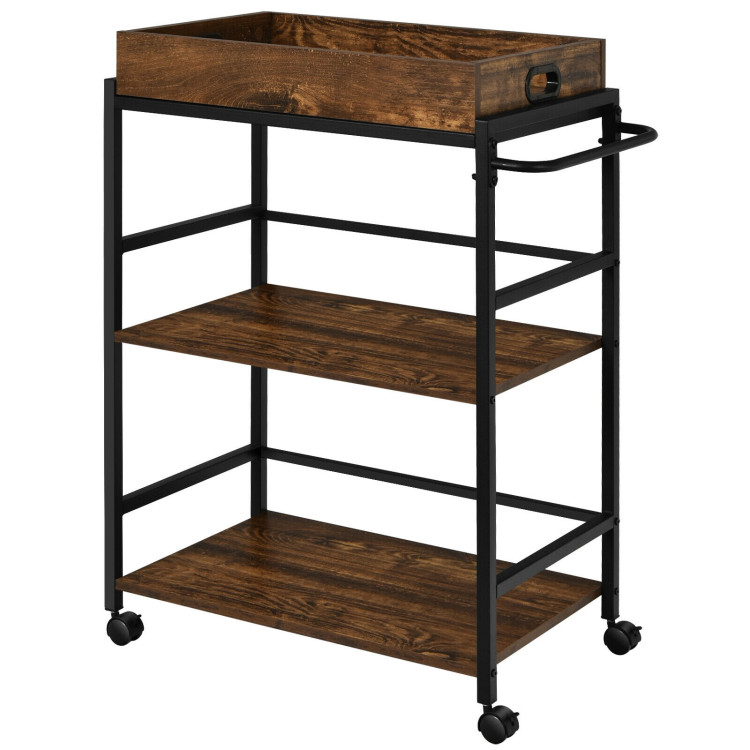 3-Tier Kitchen Serving Bar Cart with Lockable Casters and Handle Rack for Home Pub-Rustic BrownCostway Gallery View 10 of 13