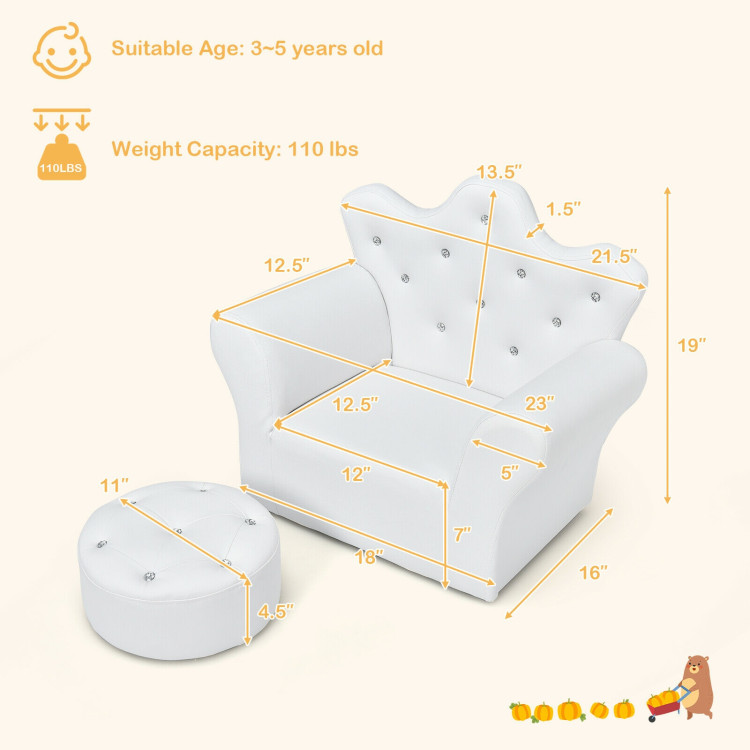  Children Upholstered Princess Sofa with Ottoman and Diamond Decoration for Boys and Girls-WhiteCostway Gallery View 4 of 12
