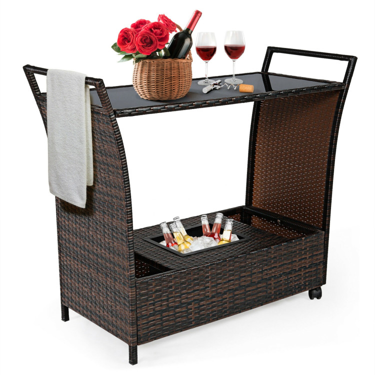 Patio Rattan Bar Serving Cart with Glass Top and HandleCostway Gallery View 8 of 12