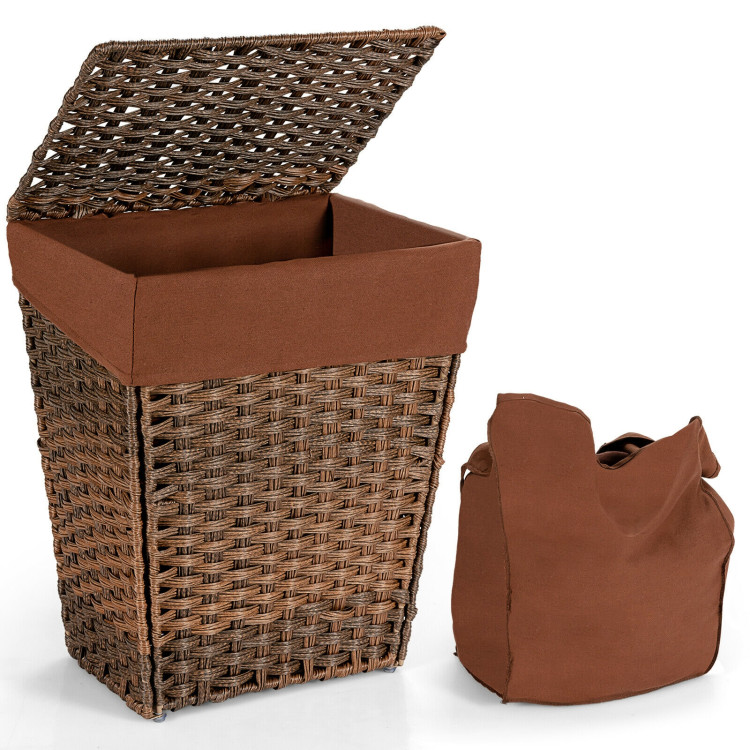 Costway Corner Bamboo Hamper Laundry Basket Washing Cloth Bin Storage Bag  Lid Natural