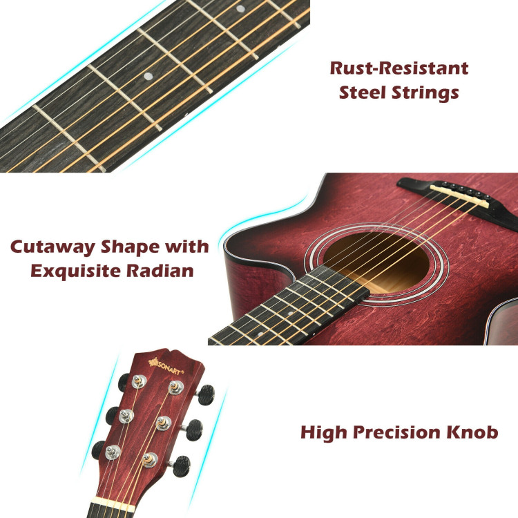 40 Inch Full Size Cutaway Acoustic Guitar Starter Guitarra Bundle Kit-RedCostway Gallery View 12 of 12