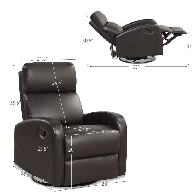 Leather Recliner Chair with 360° Swivel Glider and Padded Seat-BrownCostway Gallery View 4 of 12