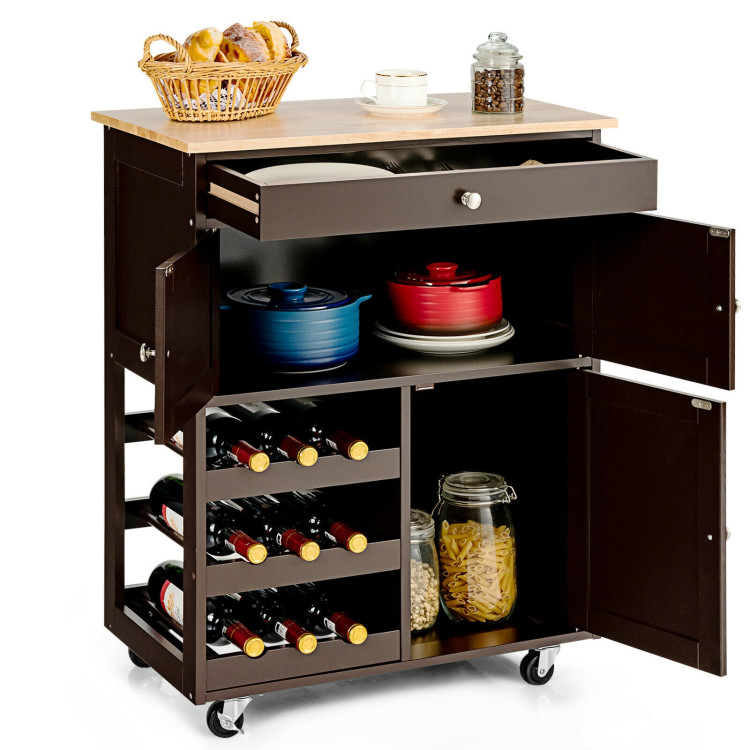 Kitchen Cart with Rubber Wood Top 3 Tier Wine Racks 2 Cabinets-BrownCostway Gallery View 9 of 12
