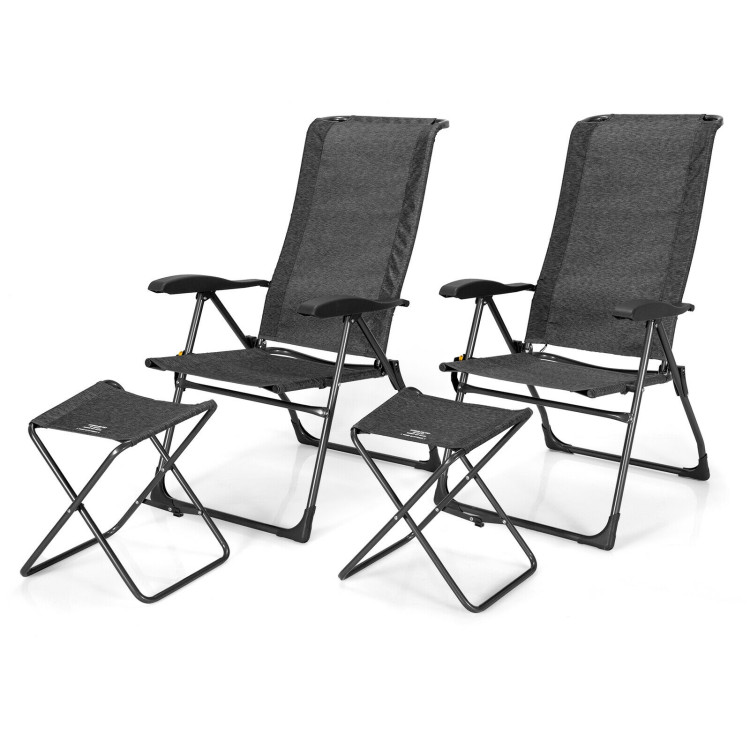 4 Pieces Patio Adjustable Back Folding Dining Chair Ottoman Set-GrayCostway Gallery View 9 of 12