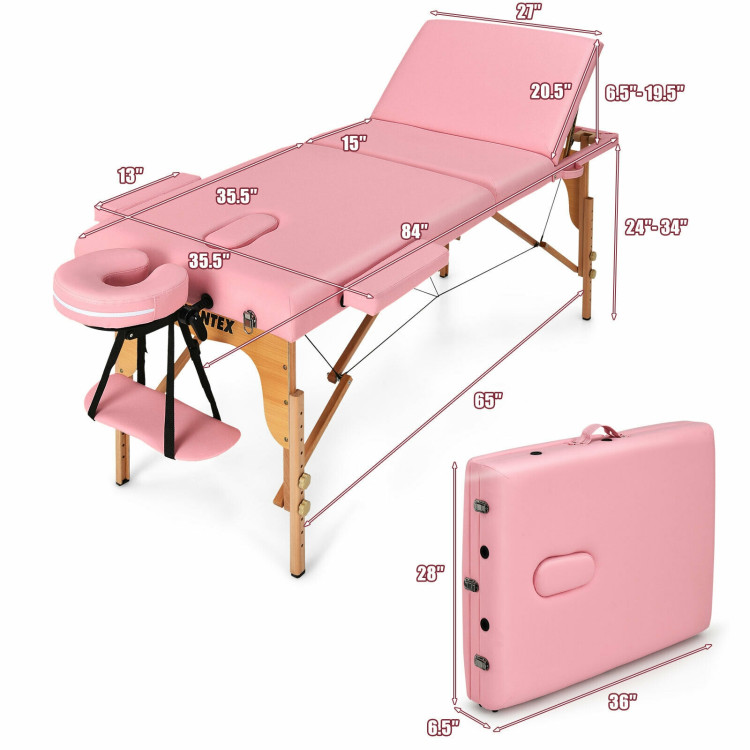 3 Fold Portable Adjustable Massage Table with Carry Case-PinkCostway Gallery View 4 of 12
