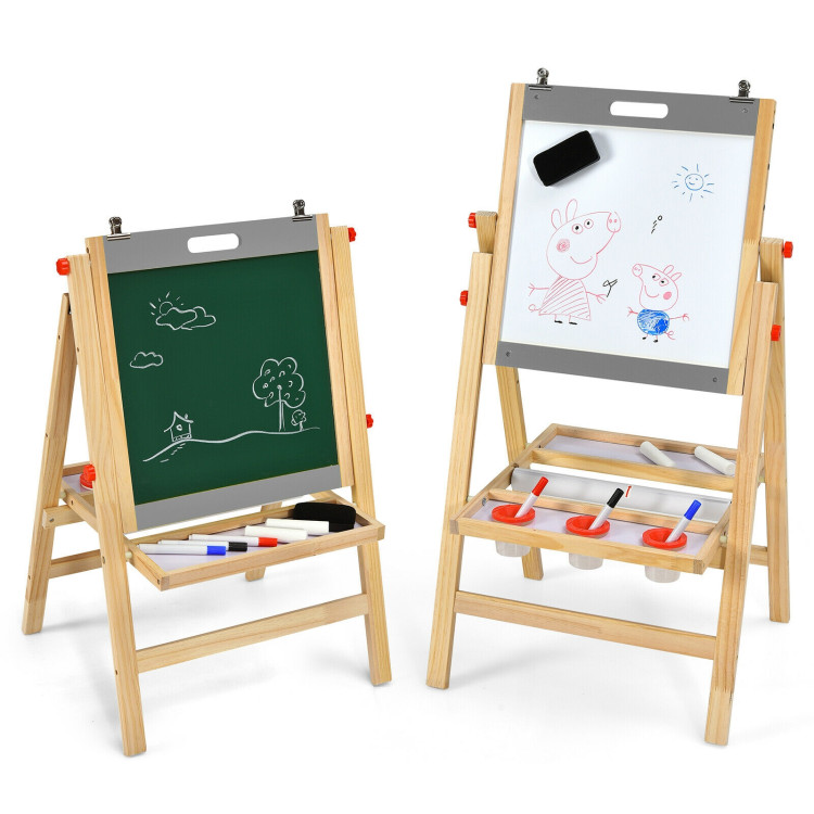 Kids Art Easel with Paper Roll Double Sided Chalkboard and Whiteboard-GrayCostway Gallery View 8 of 12