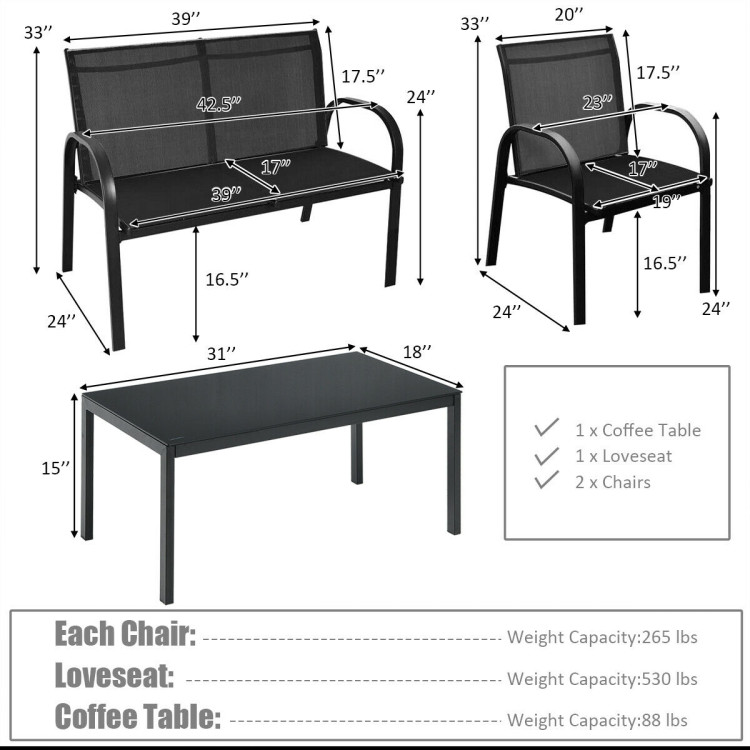 4 Pieces Patio Furniture Set with Glass Top Coffee Table-BlackCostway Gallery View 4 of 8