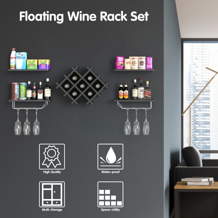 Set of 5 Wall Mount Wine Rack Set with Storage Shelves-BlackCostway Gallery View 5 of 11
