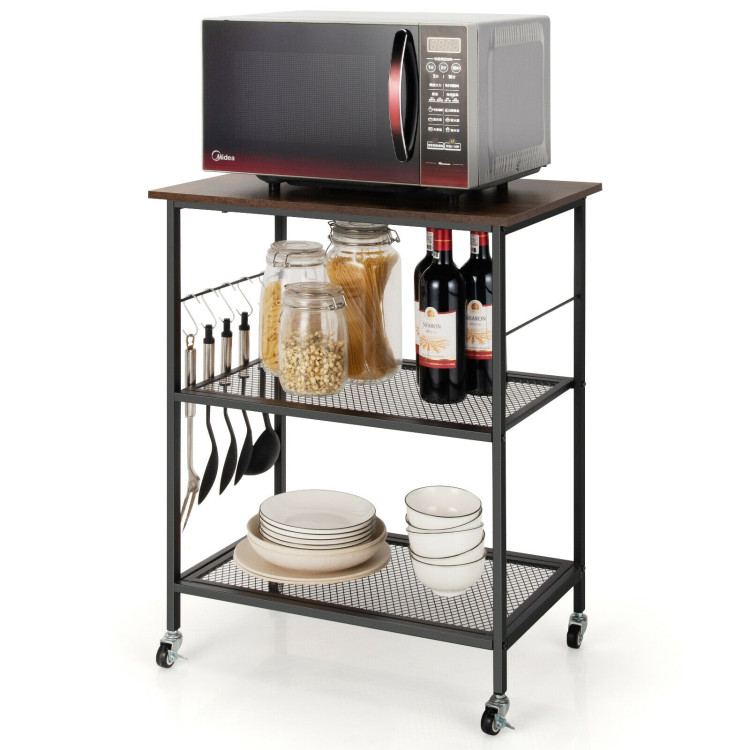 3-Tier Kitchen Serving Cart Utility Standing Microwave Rack with Hooks BrownCostway Gallery View 8 of 12