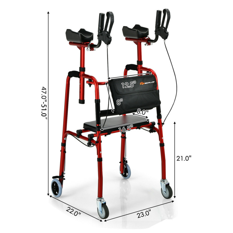  Folding Auxiliary Walker Rollator with Brakes Flip-Up Seat Bag Multifunction-RedCostway Gallery View 4 of 12