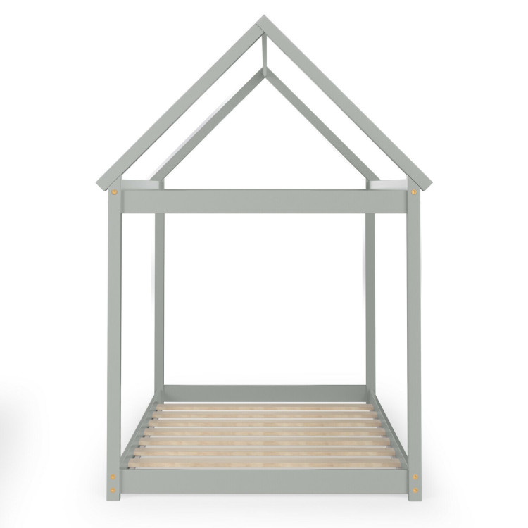 Stable Kids Platform Floor Bed with Roof ang Heavy-Duty Slats-GrayCostway Gallery View 10 of 12