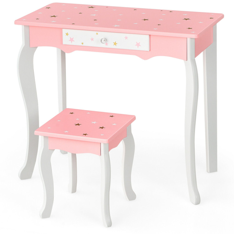 Kids Princess Vanity Table and Stool Set with Tri-folding Mirror and Drawer-PinkCostway Gallery View 9 of 12