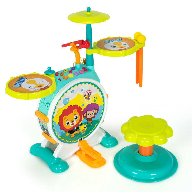 3 Pieces Electric Kids Drum Set with Microphone Stool PedalCostway Gallery View 1 of 12