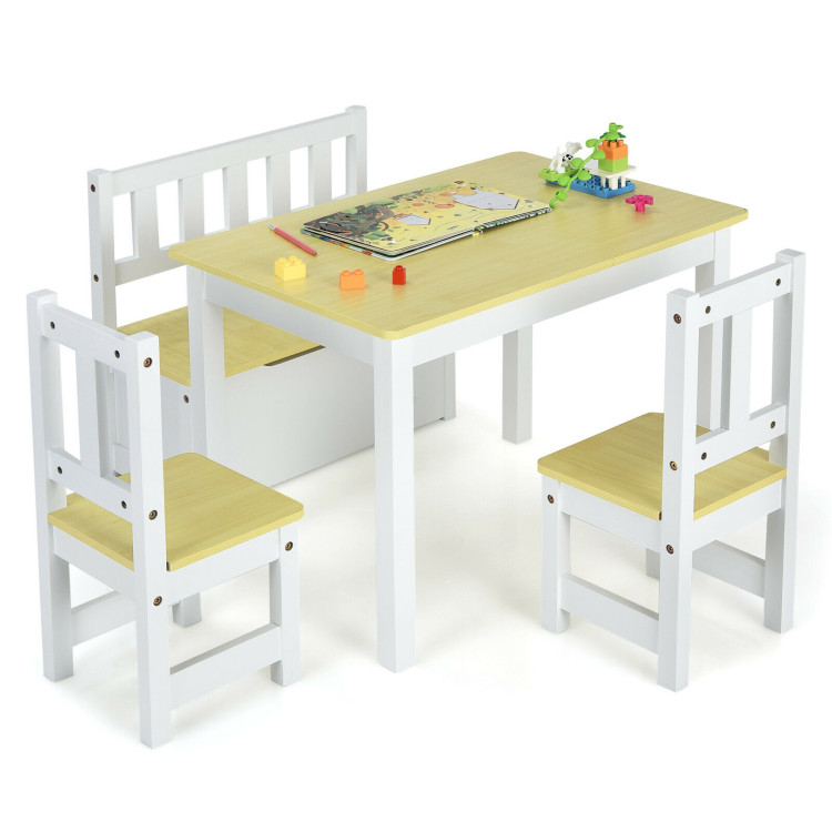 4 Pieces Kids Wooden Activity Table and Chairs Set with Storage Bench and Study Desk-NaturalCostway Gallery View 9 of 12