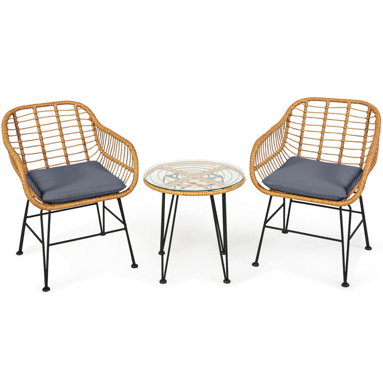 3 Pieces Rattan Furniture Set with Cushioned Chair Table-GrayCostway Gallery View 1 of 12